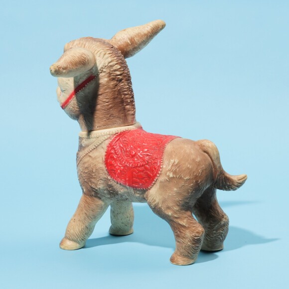 Vintage large squeak toy doll Sun Rubber Co donkey red saddle swivel head 60s - Picture 7 of 10